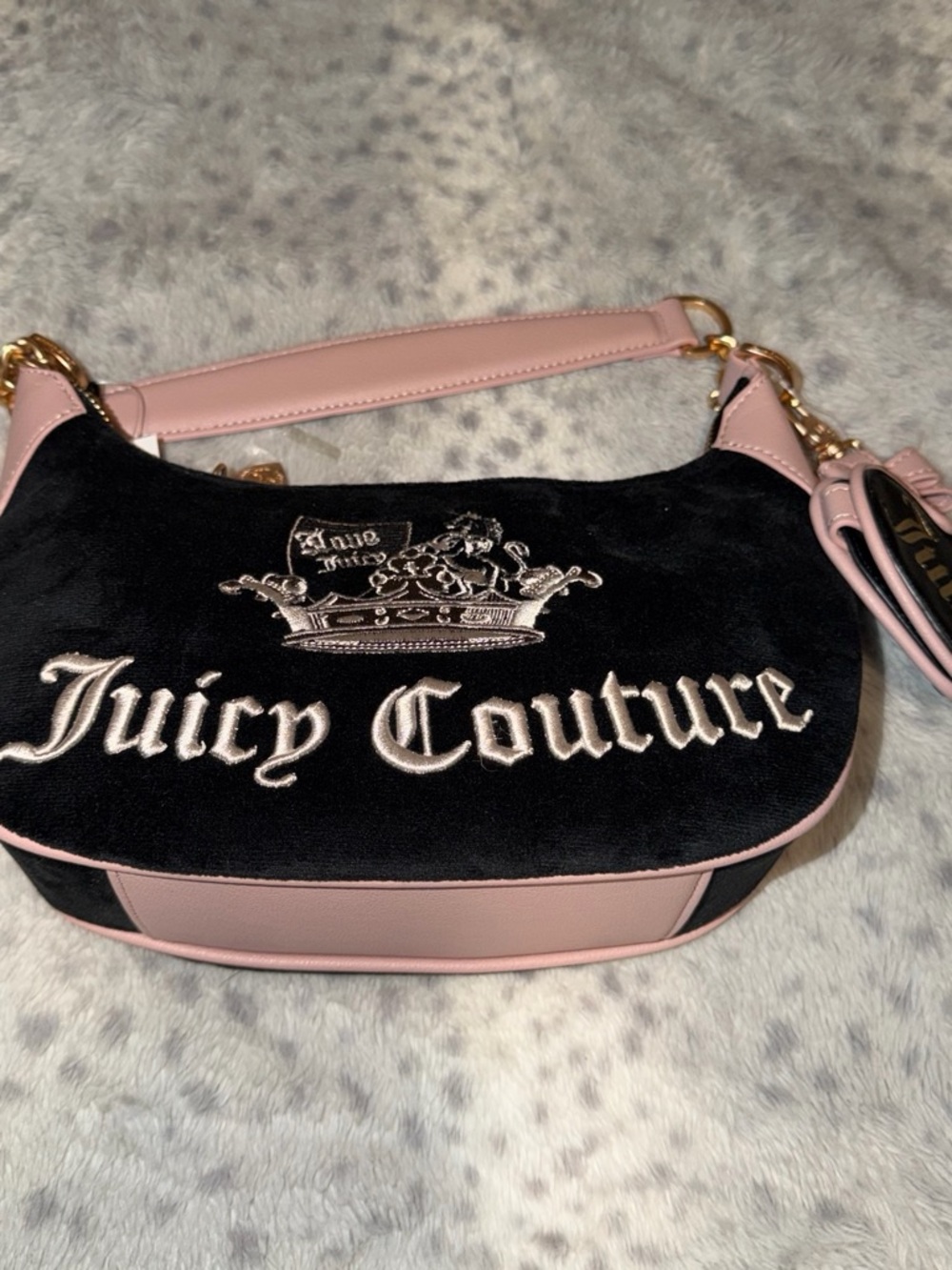 Juicy Couture Black Velour and Pink Trim Shoulder Bag